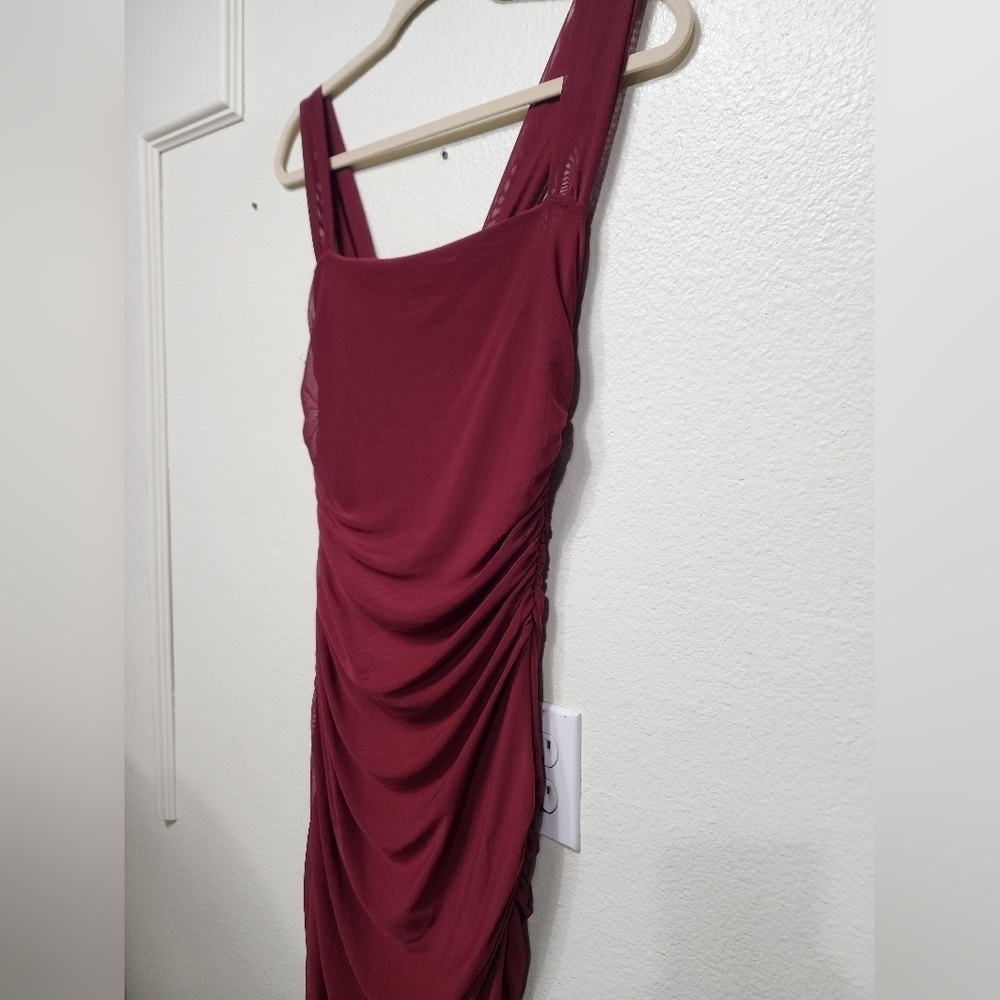 Lulus Amazing Presence Burgundy Mesh Ruched Column Maxi Dress S Wedding Party - Picture 8 of 10